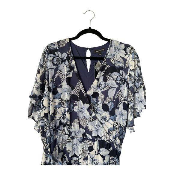 Lane Bryant Dress Size 14 Blue Floral Chiffon Faux Wrap Midi Flutter Sleeve - Picture 2 of 12